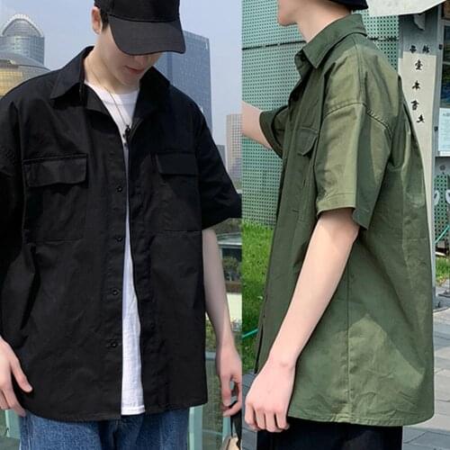 Short Half Sleeves Tooling Shirt Pocket Street Men Plain Loose Casual Blouse Top