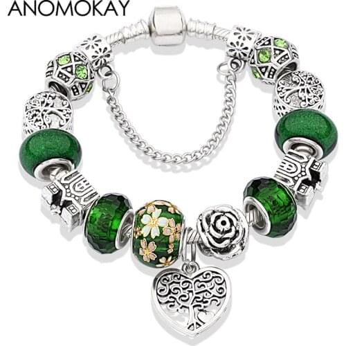 Silver Color Tree of Life Charm Bracelet Green Crystal Murano Mens Boys Bead Bracelet Diy Castle Flower Bracelet Jewelry Gift