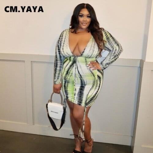 CM.YAYA Women Dress Plus Size Print Bandage V-neck Shirrting Sheath Elastic Above Knee Length Dresses Female Sexy Fashion Dress