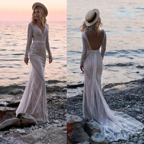 2019 Bohemian Wedding Dresses V Neck Lace Appliques Bridal Gowns Sexy Backless Beach Mermaid Wedding Dress Robe De Mariee