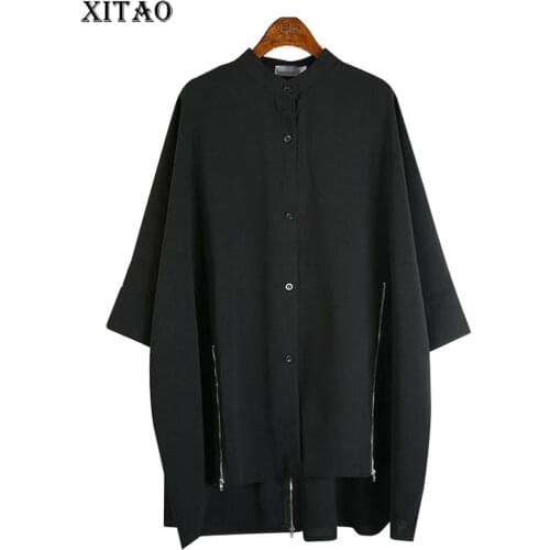 XITAO Spring Autumn New Shirt Casual Loose Irregular Hem Splicing Zippers Fashion Simplicity Stand Collar Women Top ZY5637