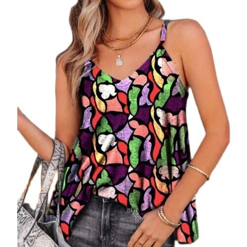 2021 Womens Summer New Vest Product Fashion Printing Sleeveless V-neck Shoulder Belt Casual Hot Sale Splicing Oversize Tank