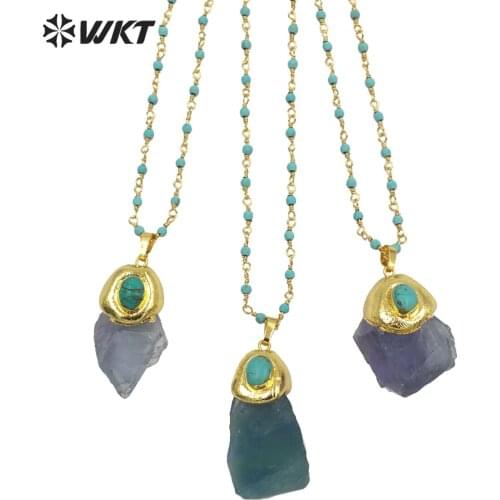 WT-N1288 Amazing Natural raw blue fluorite stone necklace with turquoise charm high fashion gold plated gemstone necklace