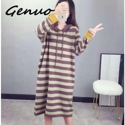 Genuo Long Sleeve Dress Women Spring Autumn Korean Style Dress Ladies Solid Color Loose T Shirt Dress Women With Belt