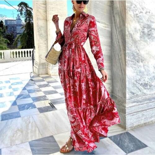 2021 new bohemian spring and autumn elegant retro long-sleeved dress ladies shirt long skirt elegant deep V female party dress