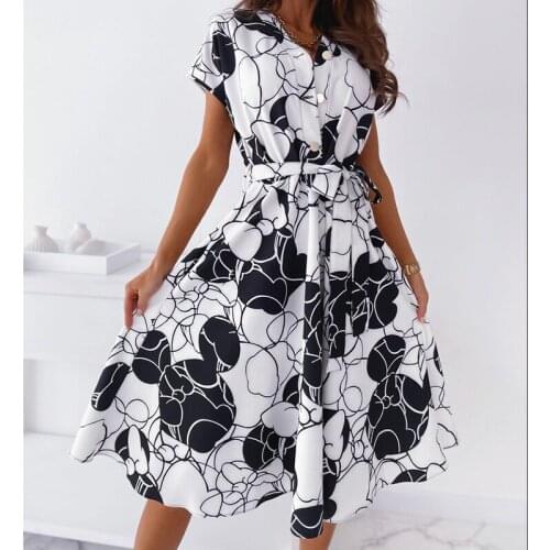 Elegant Boho Dress Summer Women Short Sleeve V-Neck Belt Party Dresses Fashion Street Clothes Vestidos Casual Daily Floral Print
