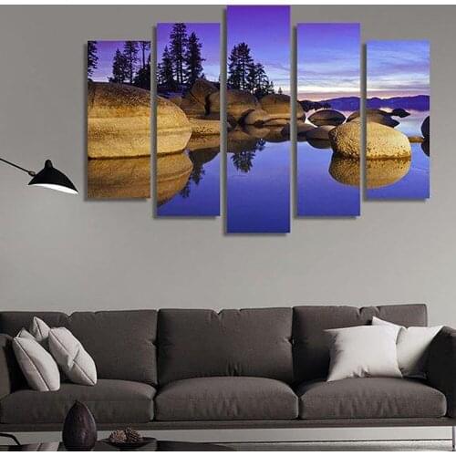 5 Pieces Wall Art Canvas Painting Scenery Poster Lake Tahoe At Sunset Granite Boulders Modern Home Decoration Pictures