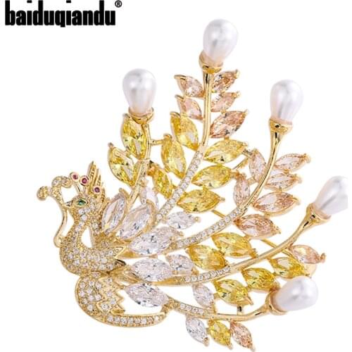 Baiduqiandu Luxury Cubic Zircon Peacock Brooches For Women Men High Quality Pearls Animal Collar Pins