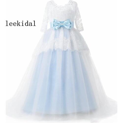 White And Light Blue Flower Girls Dresses For Wedding Real Photo Long Sleeves Sheer Neck Ball Gowns Little Girls Pageant Gowns