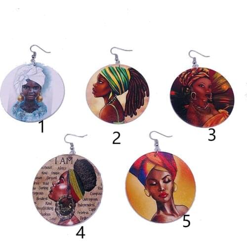 Free Shipping!Round Printed African Women Wooden Earrings