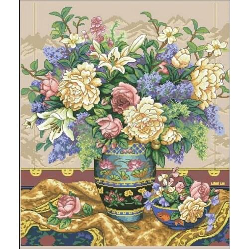 Rich Peony Oil Painting Flowers Needlework Cross stitch for Embroidery kits,14CT unprinted Patterns Cross-Stitching,DIY Handmade