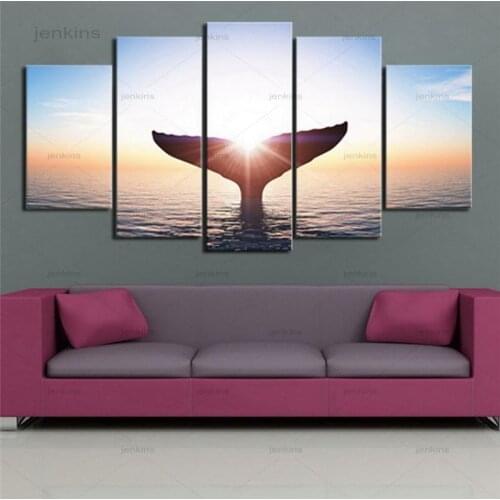 Whale Tail Sea View Sunrise Pictures 5 Pieces Home Decorations for Sitting Room Wall Art Frameless Canvas Painting Posters