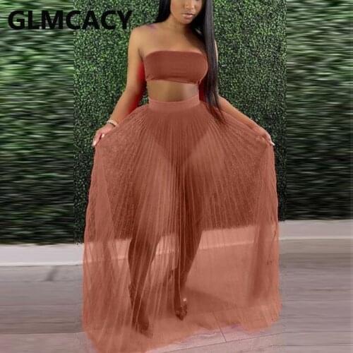 Two Pieces Sets Women Strapless Top & Pleated Maxi Skirts Sexy Club Outwear