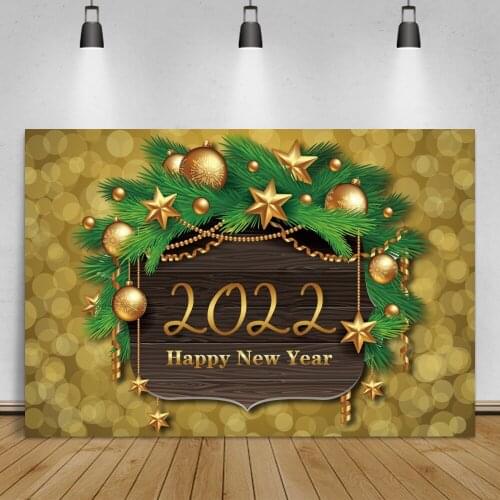 Laeacco 2022 Happy New Year Family Party Photography Backdrop Gold Light Bokeh Pine Leaves Christmas Bells Star Decor Background