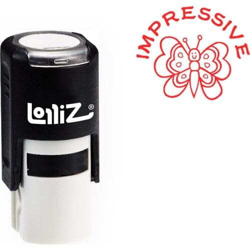 LolliZ Round Self-Inking Stamp, "IMPRESSIVE" Text W/ Butterfly Image, Teacher Stamp W/Lid, Laser Engraved Rubber, RED