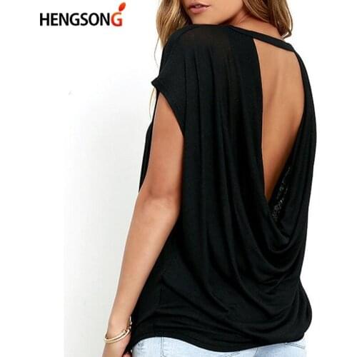 Fashion Open Back T Shirt Women Casual Backless Short Sleeve TShirt Summer Hot Clothing Loose O-neck Tops Tees Black White