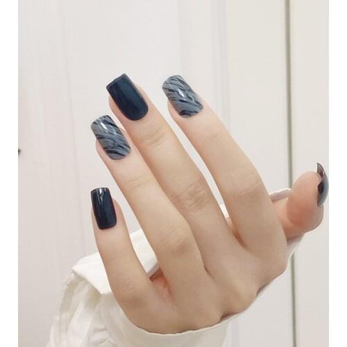 Fake Nails Long Square Head Blue and Gray Smudged Nail Stickers Finished Nail Stickers 24 Pcs With Glue SANA889