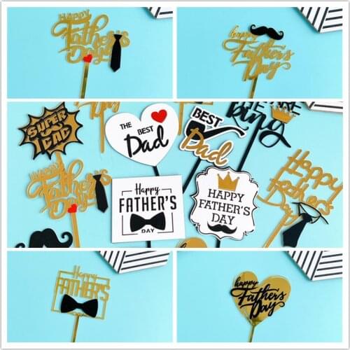 New CakeTopper Fathers Day Acrylic Golden Beard bow tie Super Best DAD Cake Topper Best Fathers Birthday Party Cake Decoration