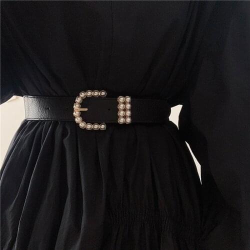 Fashion Elastic Women Belt High quality Pearl Round Pin Buckle Waist Straps Lady Dress Coat Sweater Decoration Waistband Girdle