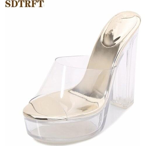 SDTRFT Summer ladies Nightclub shoes woman sandals Transparent Platform Sexy 13cm Thick High Heels PVC Pearl Peep Toe Slipper