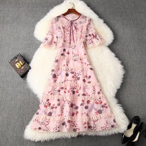 Chiffon Dress Summer Women 2020 New Round Neck Flare Sleeves Printed Patchwork Lace Slim A-Line Sweet Dress Mid-Calf Length S-XL