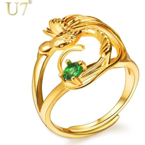 U7 Green Stone Bird of Paradise Ring Resizable Women Jewelry Gold Color Ethnic Rings Papua New Guinea Jewellery R1017