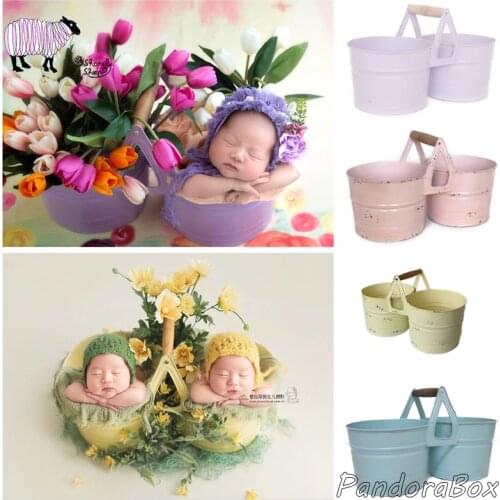 Iron Flower Bucket Newborn Photography Props Twins Baby Girl Boy Photoshoot Studio Posing Floral Basket fotografia Accessories