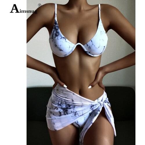 Women Bikini Sets Three Pieces Swimsuit Fashion Marble Print Beachwear Western Style 2021 Bandage Cover-up Sexy Womens Clothing