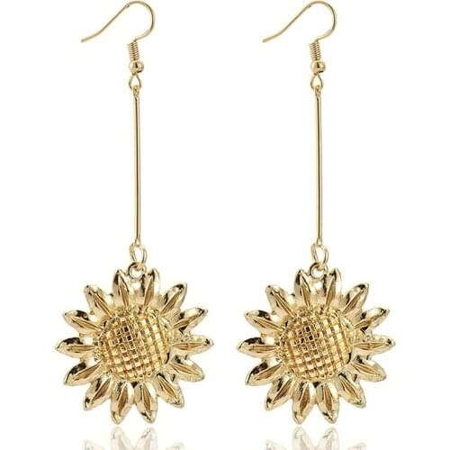 Docona Vintage Gold Sun Flower Drop Earrings for Women Bohemian Alloy Plant Earrings Trendy Jewelry Femme Party Gift Brincos