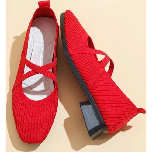 2021 Womens Pumps Knitted Shallow Slip On Ballet Shoes Female Chain Leisure Low Heels Ladies Comfortable Shoes Plus Size