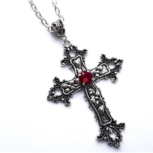 Goth Large Detailed Cross Drill Pendant Jewel Necklace Tone Gothic Punk Halloween Jewellery Fashion Charm Statement Women Gift