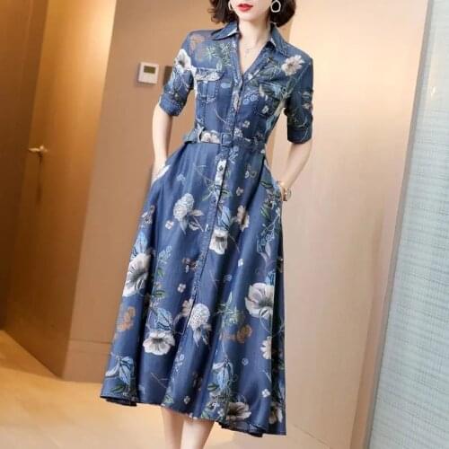 Middle-Aged Mother Female Summer Mid-Sleeve Summer Print Plus Size Long Denim Dress Women M-4XL