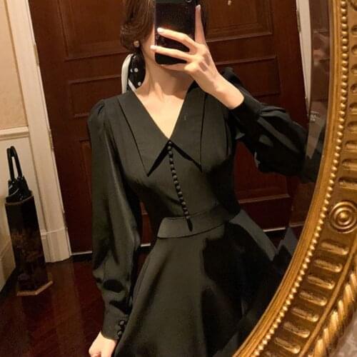 French Vintage Midi Dresses Office Ladies Long Sleeve Retro Black Dress Women Party One Piece Dress Korean Fashion 2021 Autumn