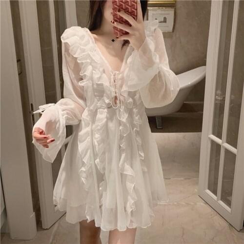 White Holidays Fairy V-neck Ruffles Chiffon Dress Slimming Lace Up Long Flare Sleeve Pleated Gauze Perspective Party Dress