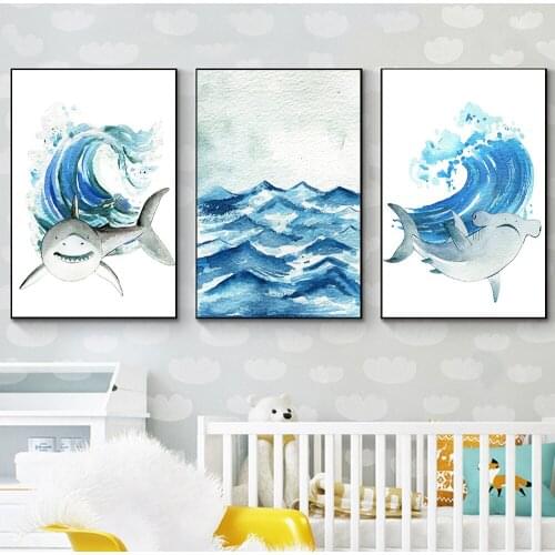 Nautical Sea Nursery Painting Shark Baby Canvas Poster Animal Seascape Art Print Wall Picture Nordic Kid Baby Boy Bedroom Decor
