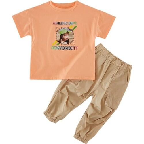 Girls summer casual suit Girls cotton T-shirt overalls suit Girls' western style sports suit Girls summer t-shirt pants fashion