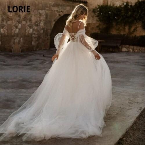 LORIE Boho Wedding Dresses Pearls Spaghetti Strap Long Puff Sleeves A-Line Corset Wedding Gown Summer Beach Bridal Dress 2021