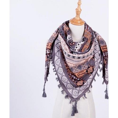 Fashion Autumn And Winter Retro National Style Square Blanket Scarf Fringed Soft Cotton Female Geometric Flower Pattern