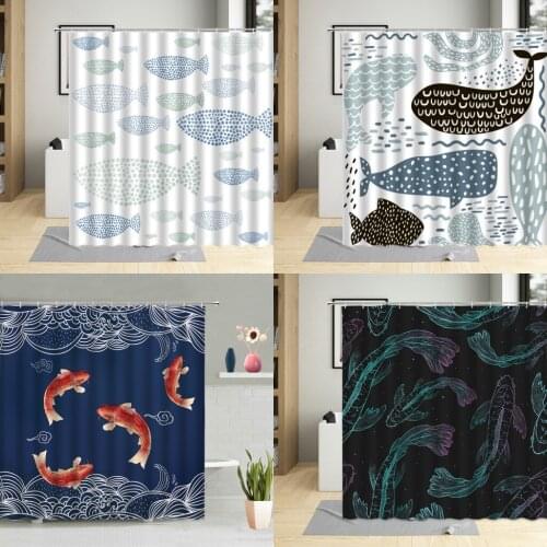 Cartoon Ocean Animals Shower Curtain Set Fishes Whale Children Bedroom Decor Cloth Bathroom Bathtub Screen Washable Curtains