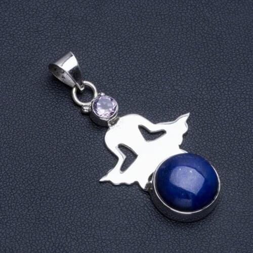 Natural Lapis Lazuli and Amethyst Boho Style 925 Sterling Silver Pendant Necklace 2" R1081