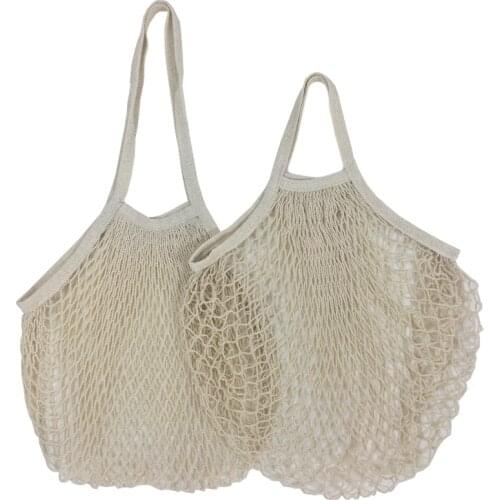 New 1pc Beige Cotton Mesh Shopping Bag Reusable String Fruit Storage Handbag Shopping Mesh Net Woven Bag Shop Grocery Tote Bag