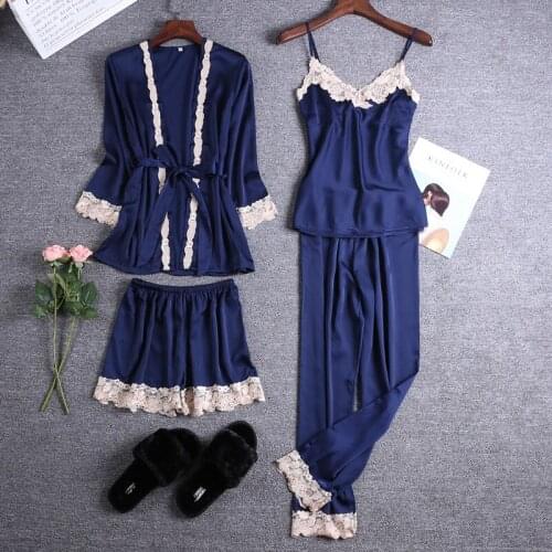 New Navy Blue Womens 4PC Pajamas Sets Strap Top Pants Night Robe Sleepwear Suit Casual Sexy Nightwear Kimono Bath Gown