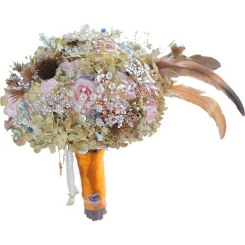 Pink rose bouquet Feather Flower bouquet wedding Bride Bridal Artificial Flowers Handmade decoration bouquets