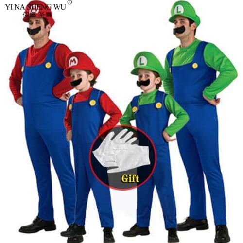 With Gloves Halloween Costume Funny Super Brother Costume Kids Adult Christmas Cosplay Jumpsuit Parent-Child Clothes Red Green