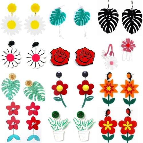 Earrings for Women Rose Flower Daisy Cactus Plant Acrylic Earrings Potted Monstera Leaf Jewelry Fashion Friends Gifts New 2021