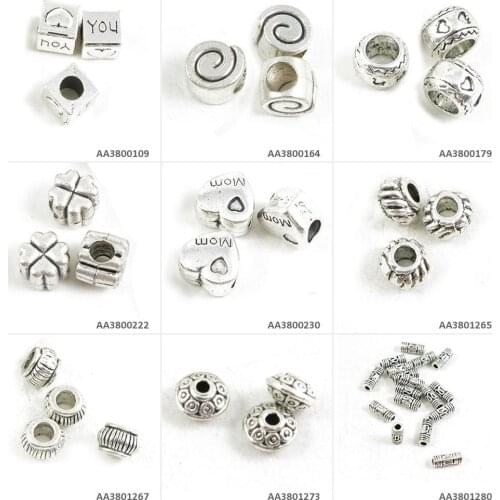 Antique Silver Tone Jewelry Charms Leather Loose Tube Beads Spacer Big Hole Mon Love Heart Clover Round Cube Bracelet Beading