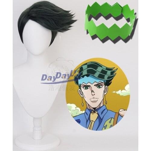 JoJos Bizarre Adventure Rohan Kishibe Dark Green Short Cosplay Heat Resistant Synthetic Hair Halloween Party Wig / Headband