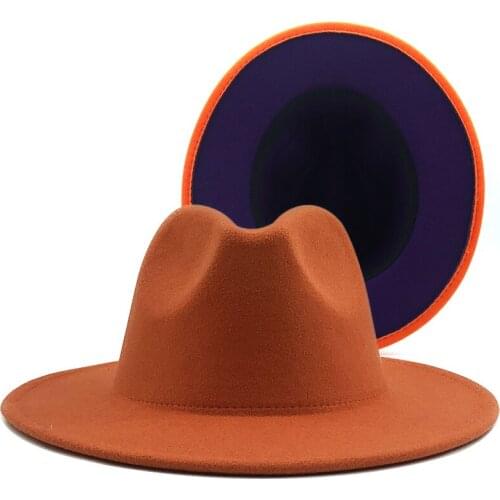 Outer orange Simple Inner purple Wool Felt Jazz Fedora Hats with Thin Belt Buckle Men Women Wide Brim Panama Trilby Cap 56-58CM