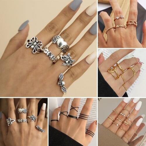 Vintage Silver Plated Angel Wings Ring for Womens Gothic Punk Steampunk Heart Butterfly Skull Ring Sets Party Jewelry 2021 Trend