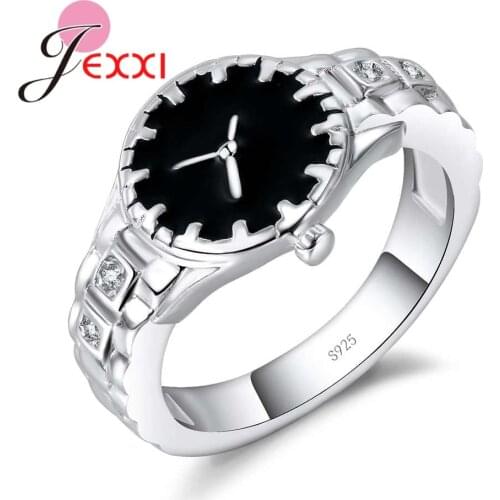 Exquisite Watch Shape Silver Ring for Women Female Cute 925 Sterling Silver Jewelry Classic White Black Color Wholesale